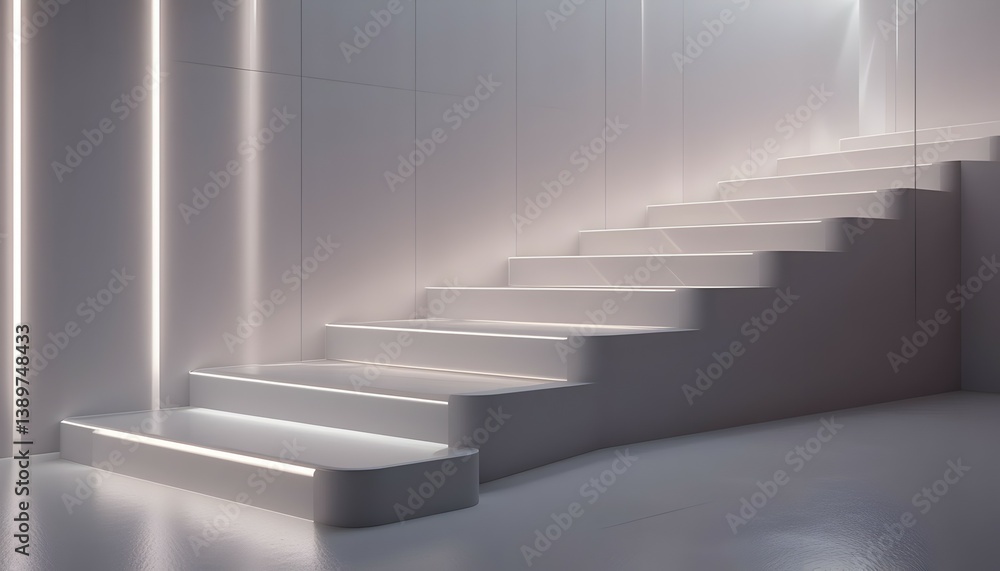 Poster ascending white steps with glowing edges in a minimalist architecture