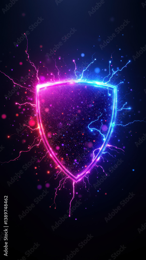 Poster animated shield with digital explosion effect on a gray background, symbolizing cybersecurity.