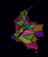 Colombia regions word clouds. Bright neon style design on dark background. Region names of the country in Spanish language. Country shape with administrative division. Beautiful vector illustration.