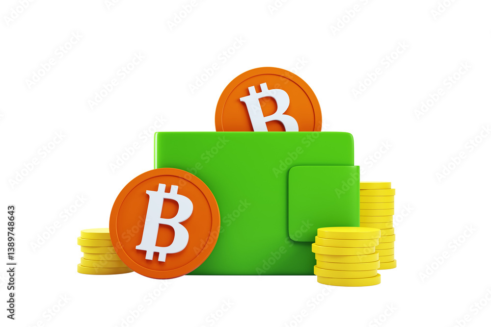 Aufkleber green digital wallet with bitcoin symbols and yellow coins, clean layout, isolated on white backgrou