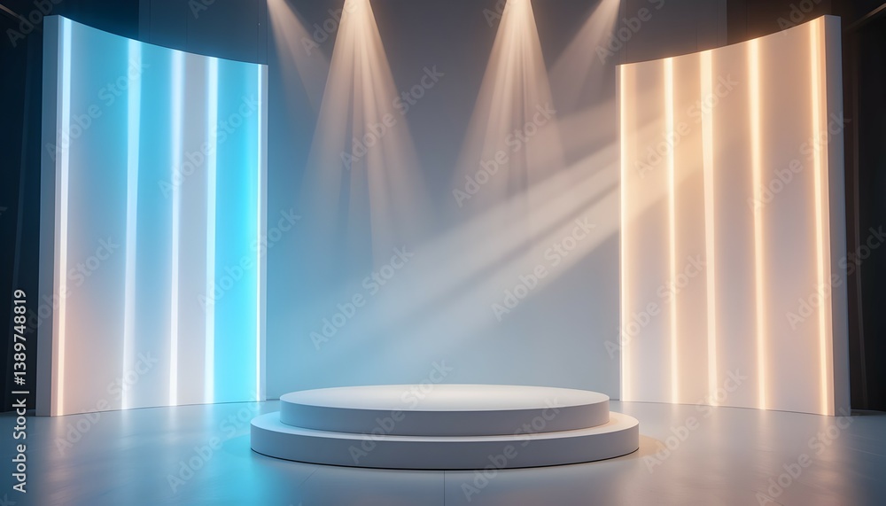 Poster empty round stage lit by neon lights for product display