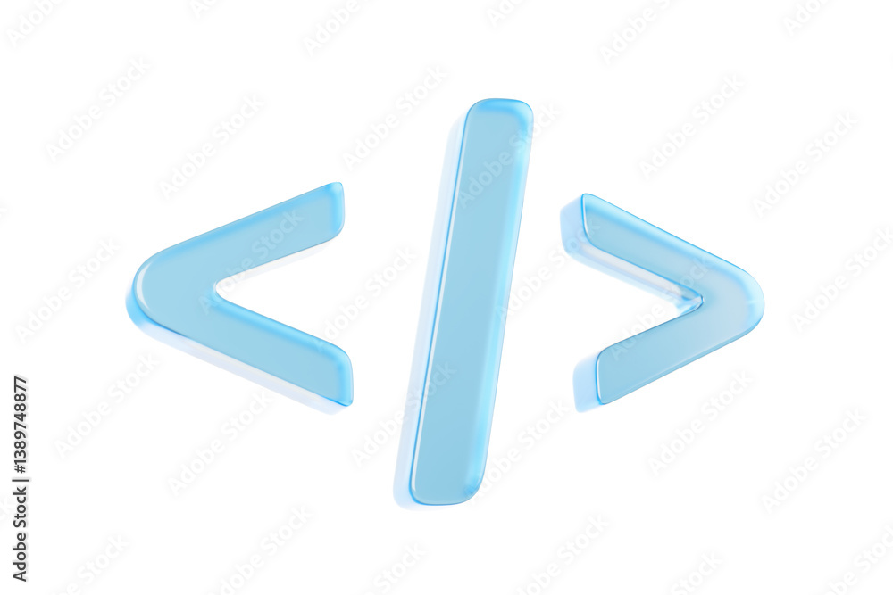 Fototapete Glossy blue coding angle brackets and slash symbol in 3D rendering style, isolated on clean white background, concept of programming and coding