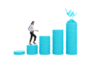 Businesswoman climbing rising stacks of blue coins with plant on top, clean isolated white background, concept of financial growth and leadership