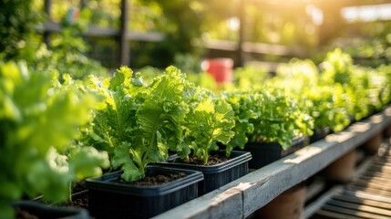 Fresh lettuce growing in pots on a sunny day in a greenhouse filled with greenery and life