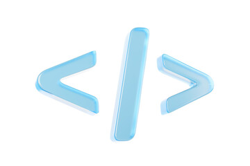 Glossy blue coding angle brackets and slash symbol in 3D rendering style, isolated on clean white background, concept of programming and coding