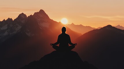 A young adult meditating on a peaceful mountaintop.