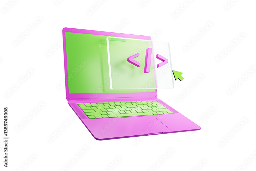 Fototapete Pink and green laptop with coding interface screen and code icon, abstract colorful style, isolated on white background. Concept of programming. 3D Rendering