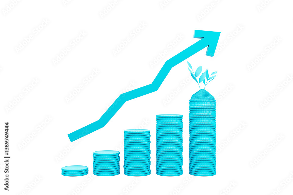 Poster Stacks of coins increasing in height with an upward arrow and sprouting plant on clean white background, concept of savings and investing, 3D Rendering