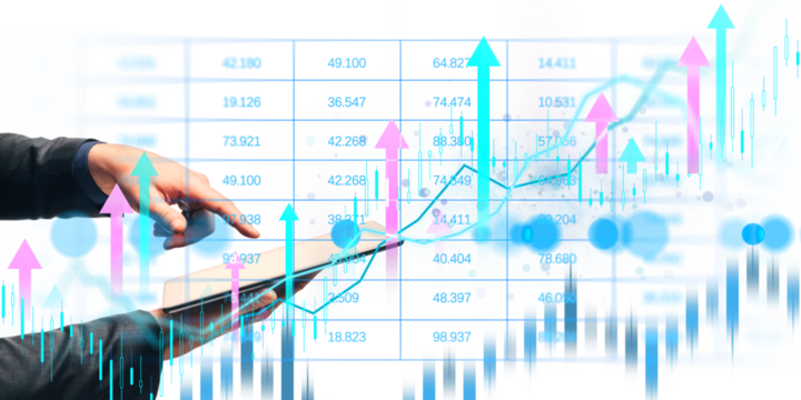Businessperson using tablet with financial data, arrows, and charts overlayed, isolated on clean white background, concept of market growth
