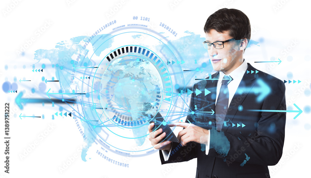 Poster Businessperson using smartphone with digital data graphics overlay, light tech style on white background. Concept of global digital communication
