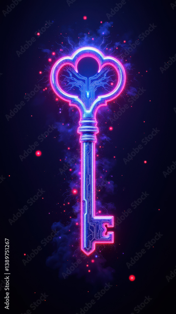 Poster neon key graphic with a digital lock concept for cybersecurity or access control imagery.