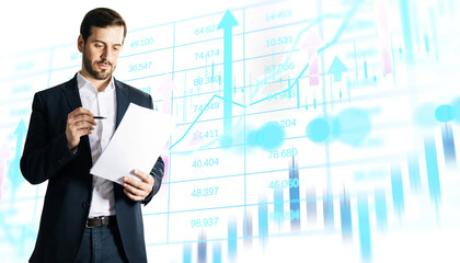 Businessman reading paper with pen in hand, financial stock chart overlay, modern clean style, white isolated background, investment analysis