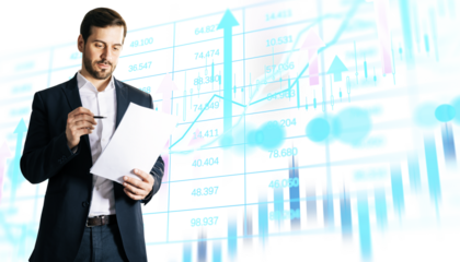 Businessman reading paper with pen in hand, financial stock chart overlay, modern clean style, white isolated background, investment analysis