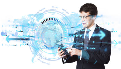 Businessperson using smartphone with digital data graphics overlay, light tech style on white background. Concept of global digital communication