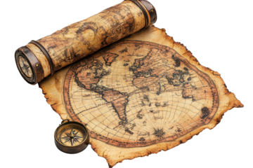 Antique world map scroll with compass a journey through history aged paper texture detailed