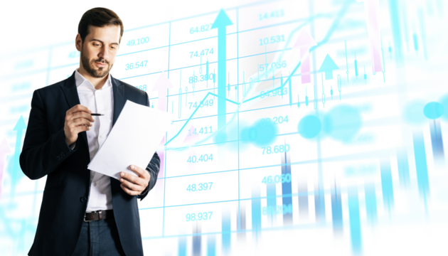 Businessman reading paper with pen in hand, financial stock chart overlay, modern clean style, white isolated background, investment analysis