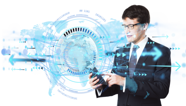 Businessperson using smartphone with digital data graphics overlay, light tech style on white background. Concept of global digital communication