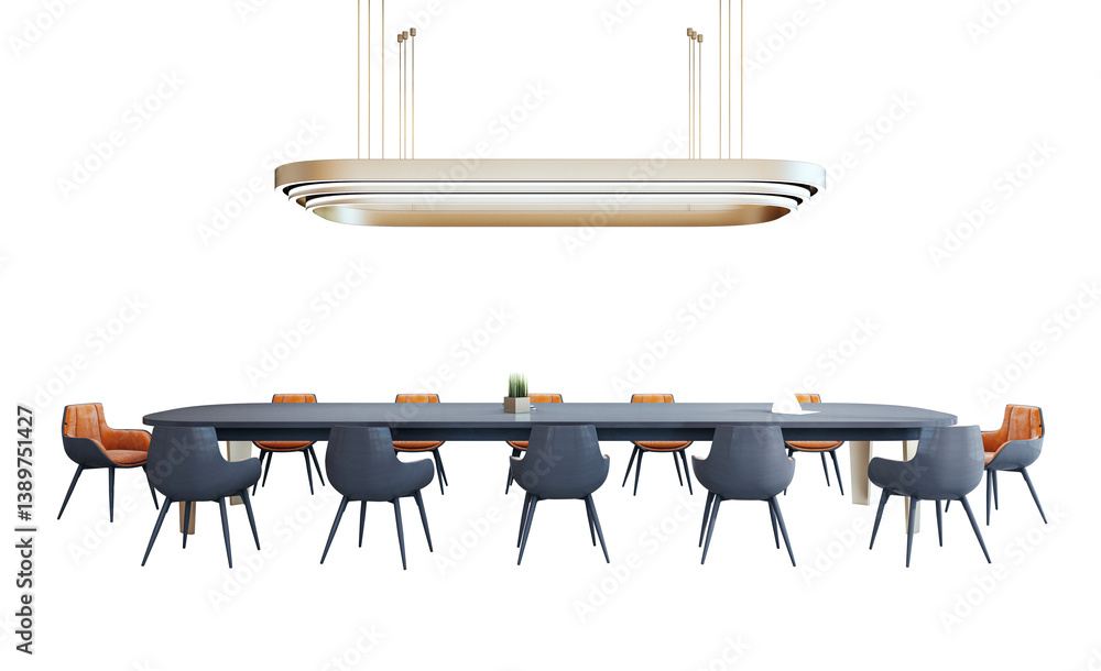 Poster stylish conference table with modern chairs and ceiling light fixture, isolated on clean white backg