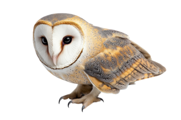 Majestic barn owl portrait captivating gaze intricate feather details soft white background