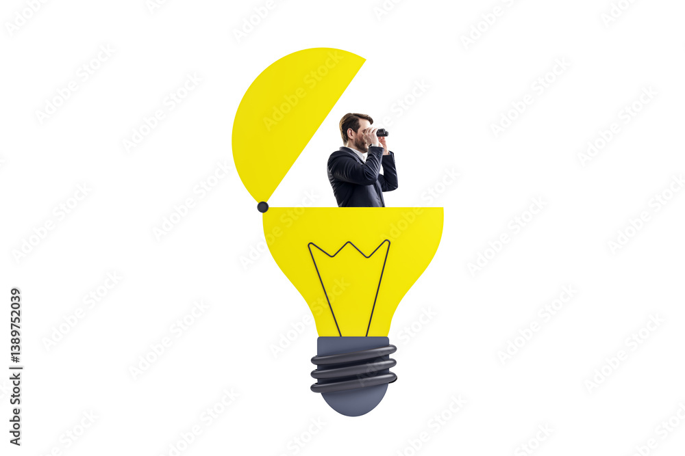 Poster man in suit inside open yellow lightbulb using binoculars, isolated on white background, symbolizing