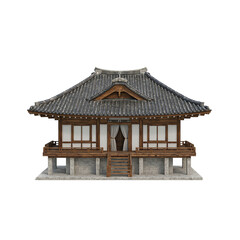 3D render of a Korean hanok style house with tiled roof and wood framing on raised floor centered on white