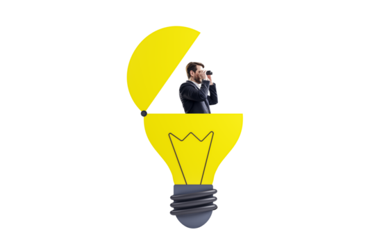 Man in suit inside open yellow lightbulb using binoculars, isolated on white background, symbolizing vision, creativity, and innovation - Powered by Adobe
