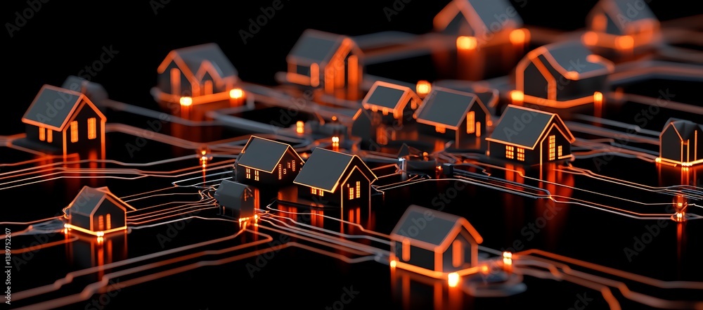 Poster digital rendering of many connected illuminated miniature houses