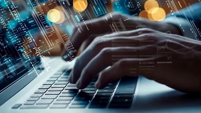 The features close-up hands typing laptop, emphasizing connection between human input , digital interaction. Overlayed abstract graphics enhance sense data processing , technological innovation.