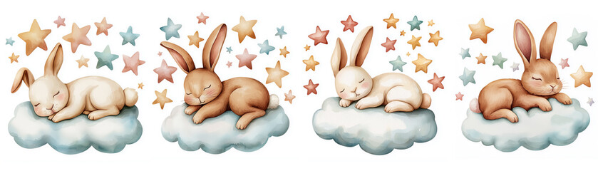 Sweet rabbits gently sleeping on a cloud surrounded by softly glowing pastel-colored stars in a watercolor cartoon illustration isolated on a white background. Children's character illustration.
