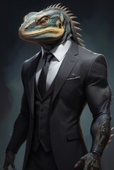 lizard head in men's black suit with tie on dark background