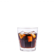 A glass of refreshing iced beverage with ice cubes, perfect for cooling down during hot days. Clear glass showcases the dark liquid in a minimalist setting.