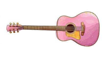 A vibrant pink acoustic guitar featuring gold sparkles is displayed against a clean white backdrop. The detailed design highlights the craftsmanship and color contrast beautifully