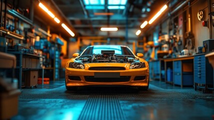 Brightly lit garage, showcasing a modified car
