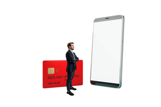 Businessperson standing between large red credit card and oversized smartphone mockup, isolated on white background, concept of digital finance