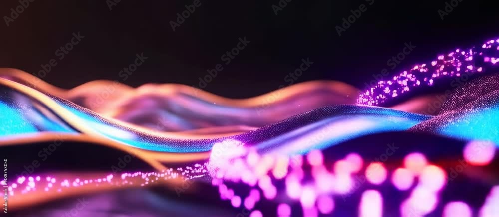 Poster mesmerizing neon light waves dance with sparkling particles in dynamic motion