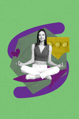 Sketch surreal collage of person with 3d icon textbox like arrows on green background