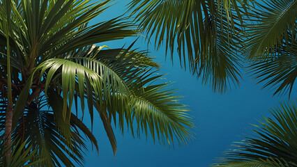 Fototapeta premium Tropical Palm Tree Tops Against Clear Blue Sky Overlapping Fronds Creating a Serene Tropical Atmosphere