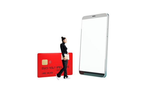 Female businessperson with notebook walking near large red credit card and huge smartphone, isolated on white background, digital finance concept