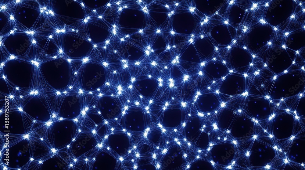Poster Futuristic structured pattern of glowing nodes connected by lines in deep blue and white cyber theme