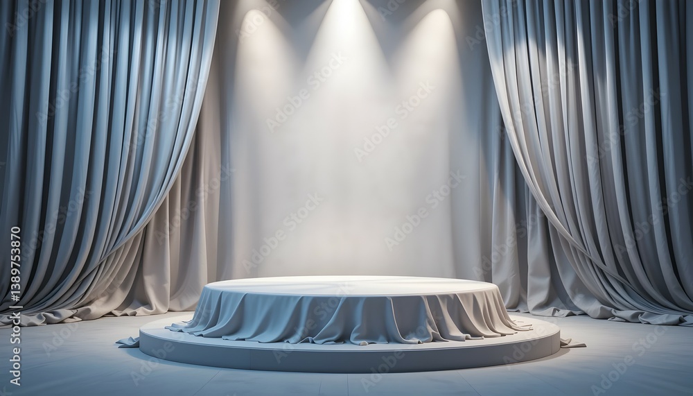 Poster presentation stage featuring round platform with elegant draped textile backdrop