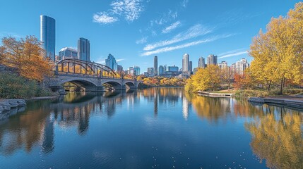Urban landscape featuring a bridge over a reflective body of water