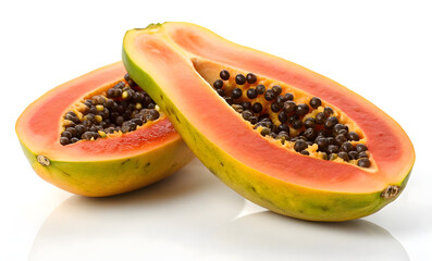 Fresh Ripe Papaya Halves with Seeds on White Background. Close-Up of Juicy Papaya Fruit Cut in Half. Sliced Papaya Showing Inner Texture and Seeds