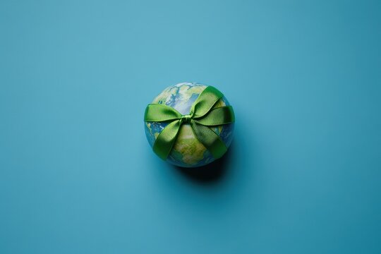 The Earth is tied with a green ribbon on blue background
