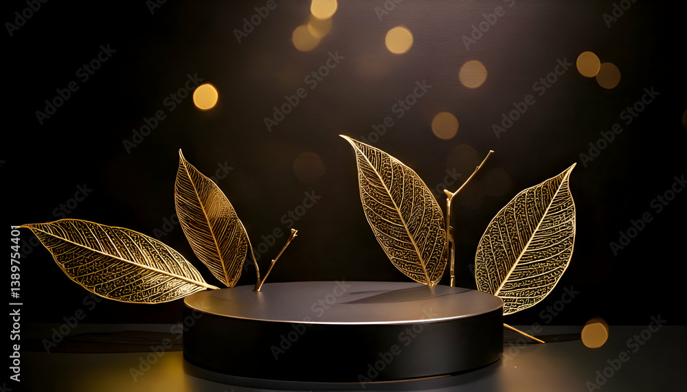 Poster elegant product display featuring golden leaves and dark background with bokeh