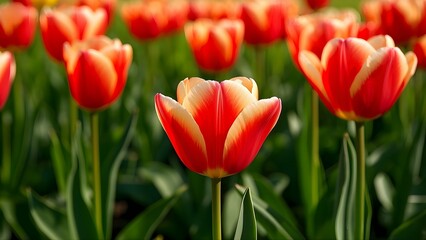 A sea of red tulips bursts into full bloom, covering the entire garden with vibrant color