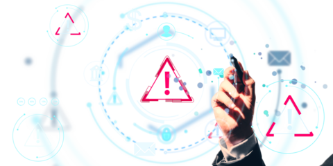 Hand of a businessperson holding pen pointing at digital warning icons, light abstract graphic style, on white background, concept of cybersecurity
