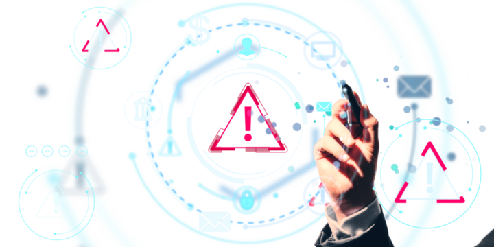 Hand of a businessperson holding pen pointing at digital warning icons, light abstract graphic style, on white background, concept of cybersecurity