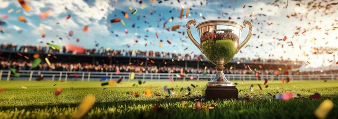 Fototapete Gleaming golden trophy on grassy field with falling confetti and crowded stadium grandstands visible in the background under a partly cloudy sky. Banner © master1305