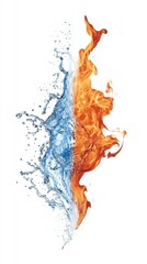 The striking contrast between water and fire, with blue splashes on one side and vibrant orange flames on the other, symbolizing duality and balance