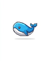 A blue whale character in pixel art swims playfully across a blank background. The whale features a joyful expression with big eyes and a distinct tail